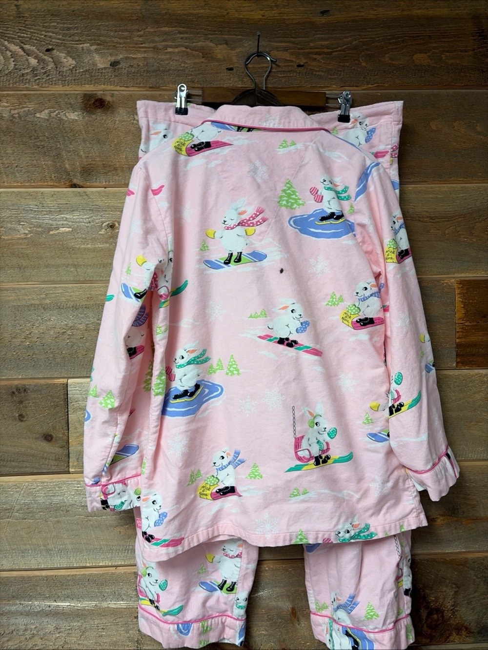 Nick and Nora Ski Bunnies Pajama Set Womens M Pink Flannel Long Sleeve Ski Sled - Picture 7 of 12